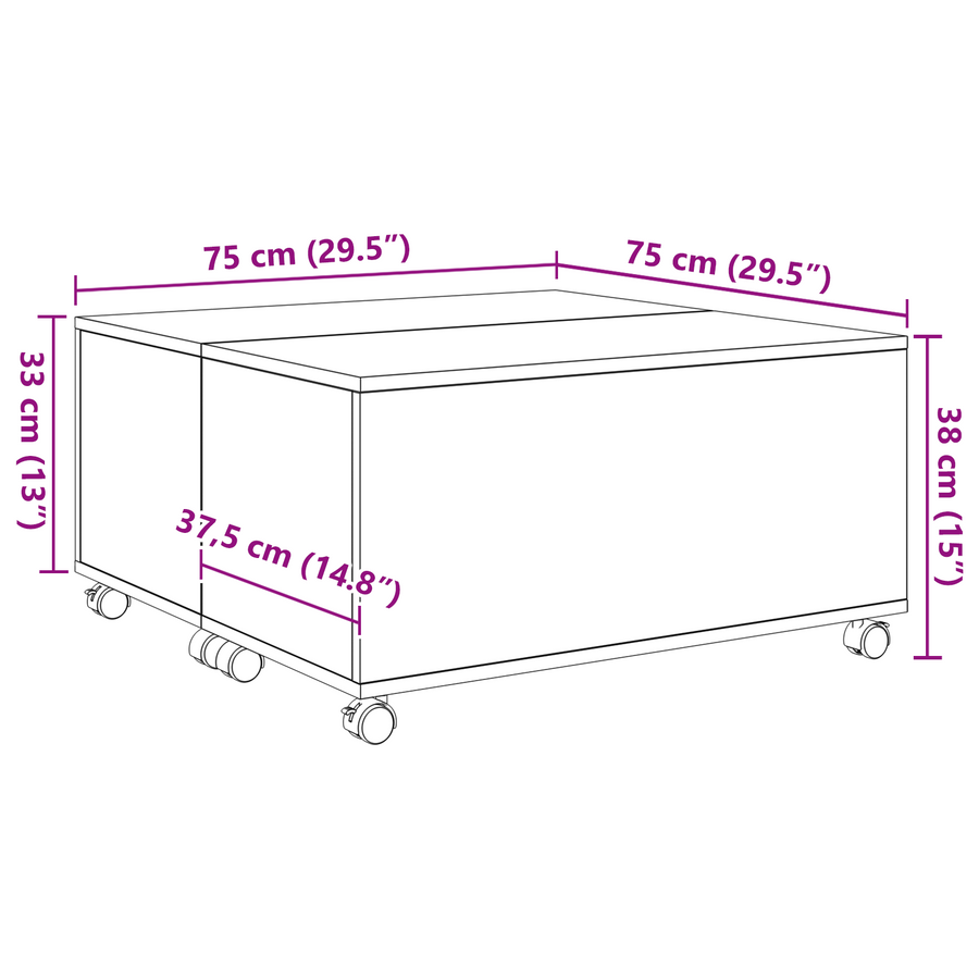 Salontafel met wiel met opslag Oude hout 75 x 75 x 38 cm Bewerkt hout