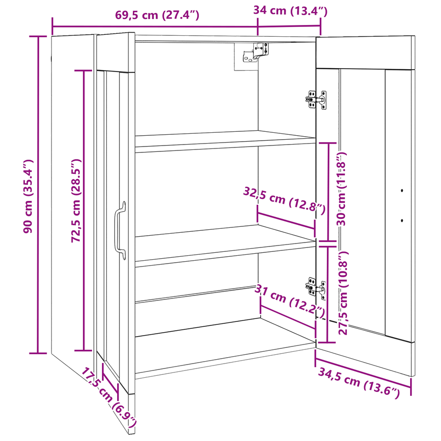 Hangende Wandkast Zwart 69.5 x 34 x 90 cm Bewerkt hout