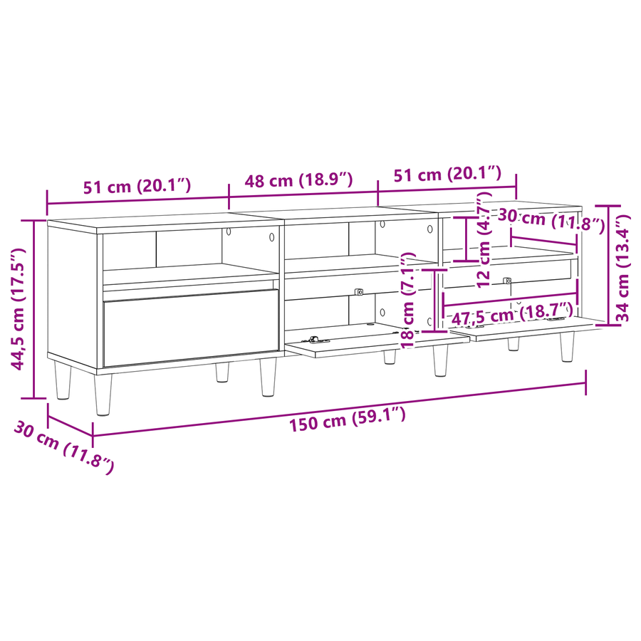 TV-kast met lade Oud hout 150 x 30 x 44.5 cm Bewerkt hout