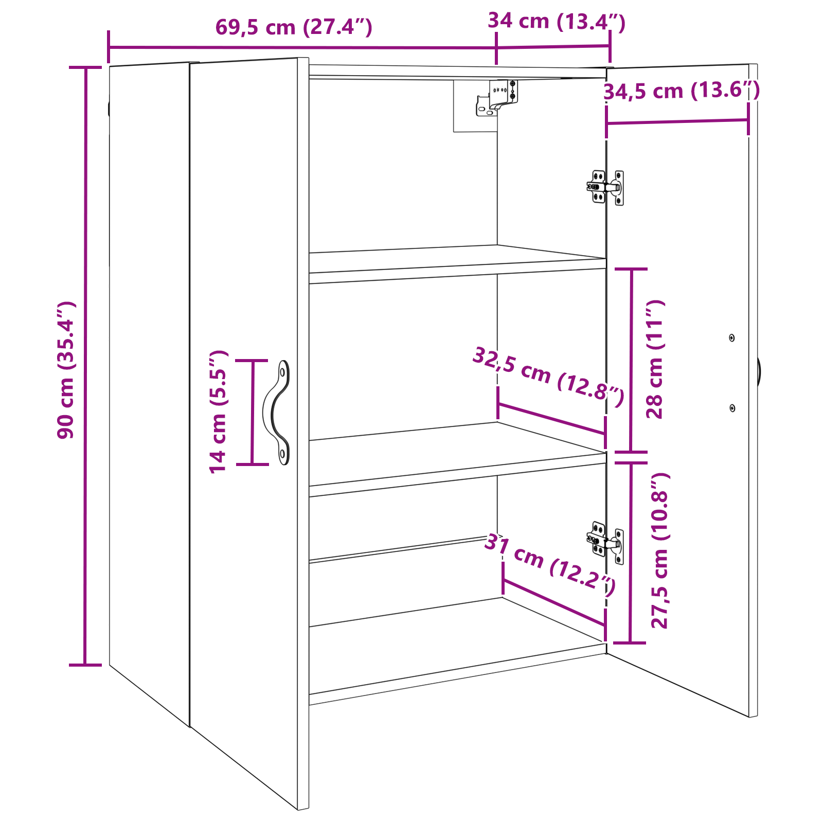 Wandkast met plank Wandgemonteerd met opslag met de deur Bruin 69.5 x 34 x 90 cm Bewerkt hout