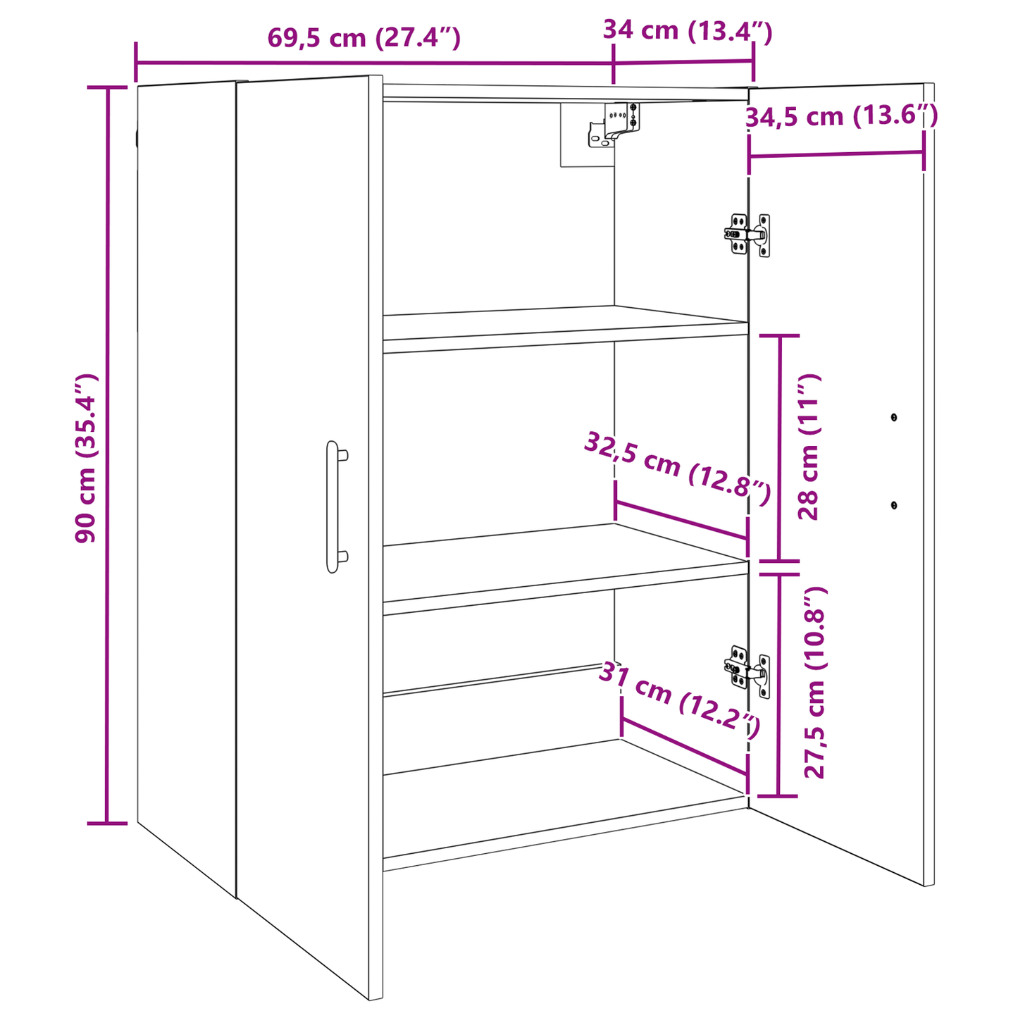 Wandkast met plank met opslag met de deur Oud hout 69.5 x 34 x 90 cm Bewerkt hout