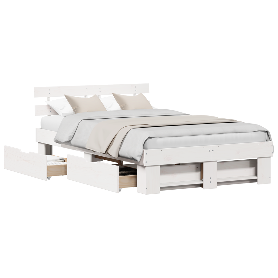 Bed Frame met Lades - Wit - 135x190 cm - Massief Grenenhout