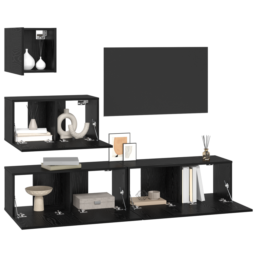 Wand TV Kast met plank met opslag met de deur 4 pcs Zwart eiken