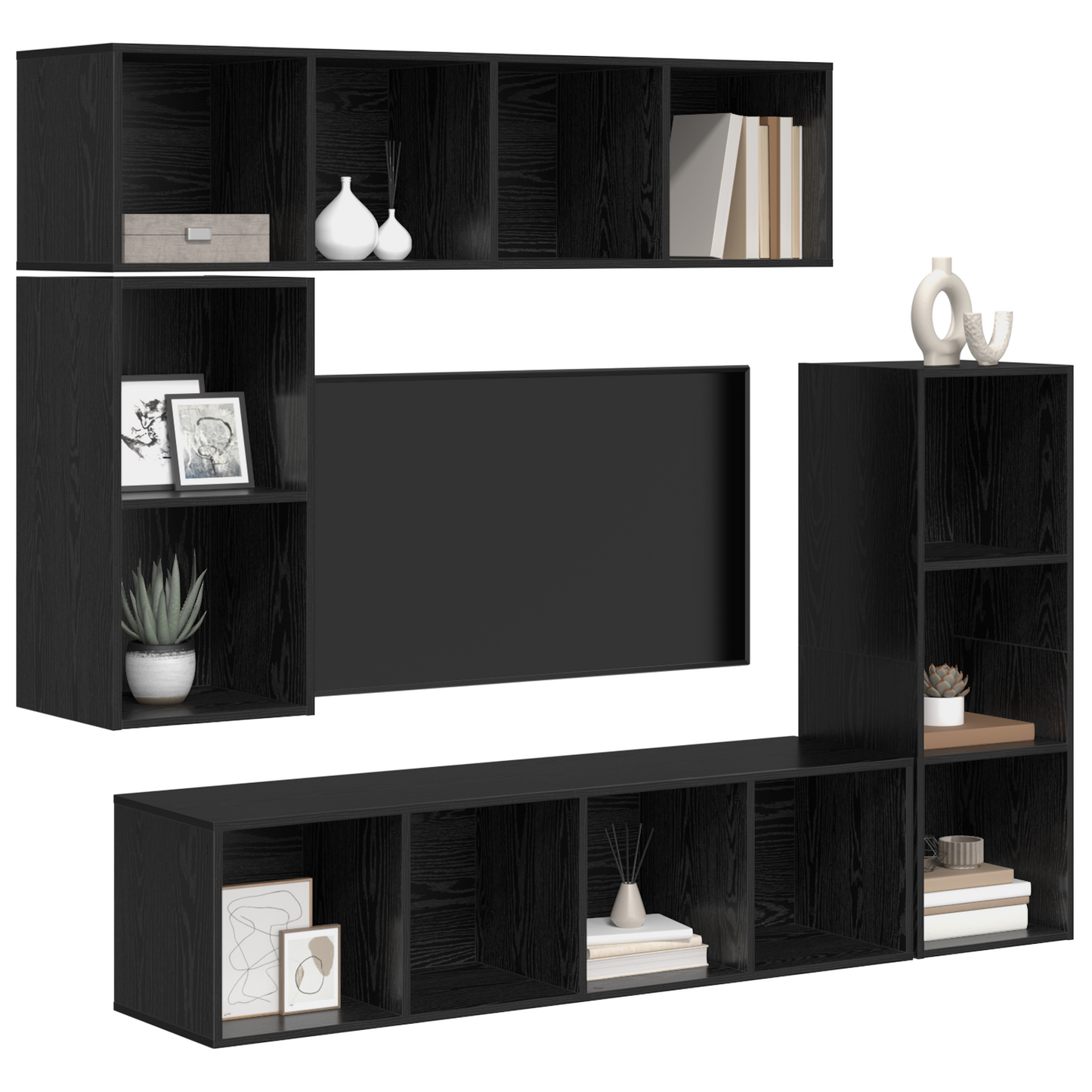 Tv-meubelset met opslag 4 pcs Zwart eiken Bewerkt hout