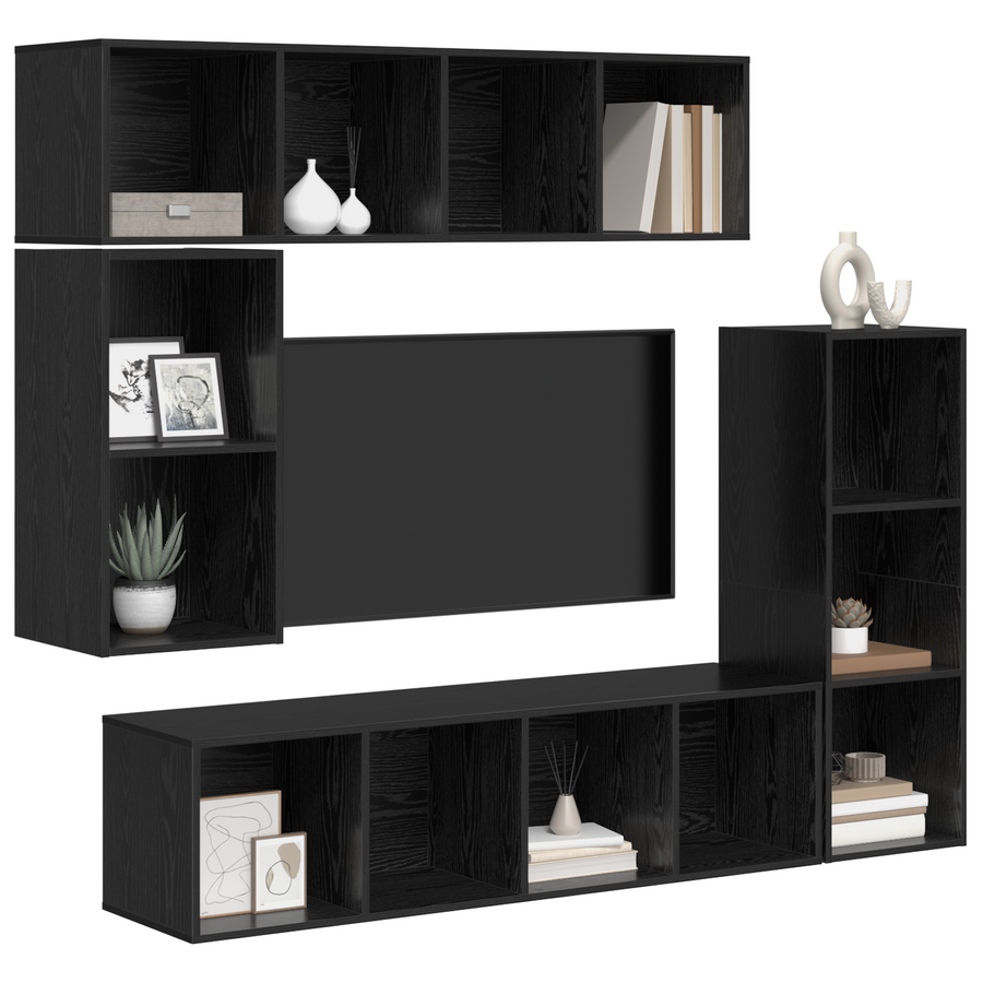 Tv-meubelset met opslag 4 pcs Zwart eiken Bewerkt hout