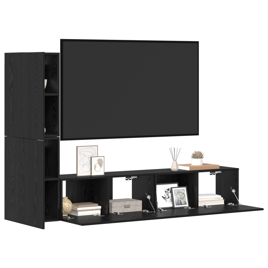 Wand TV Kast met plank met opslag met de deur 4 pcs Zwart eiken Bewerkt hout