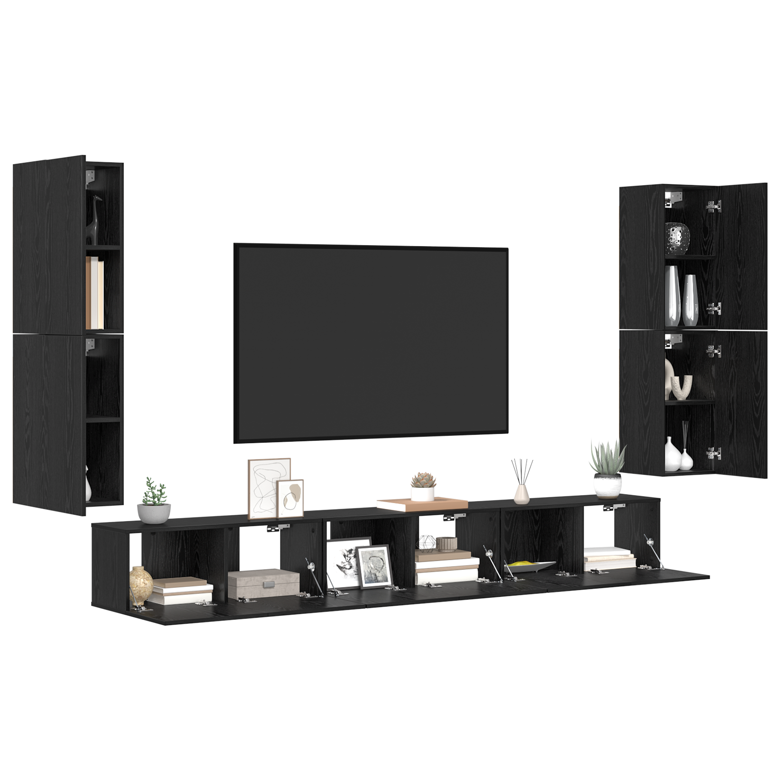 Tv-meubelset met de deur 5 pcs Zwart eiken Bewerkt hout