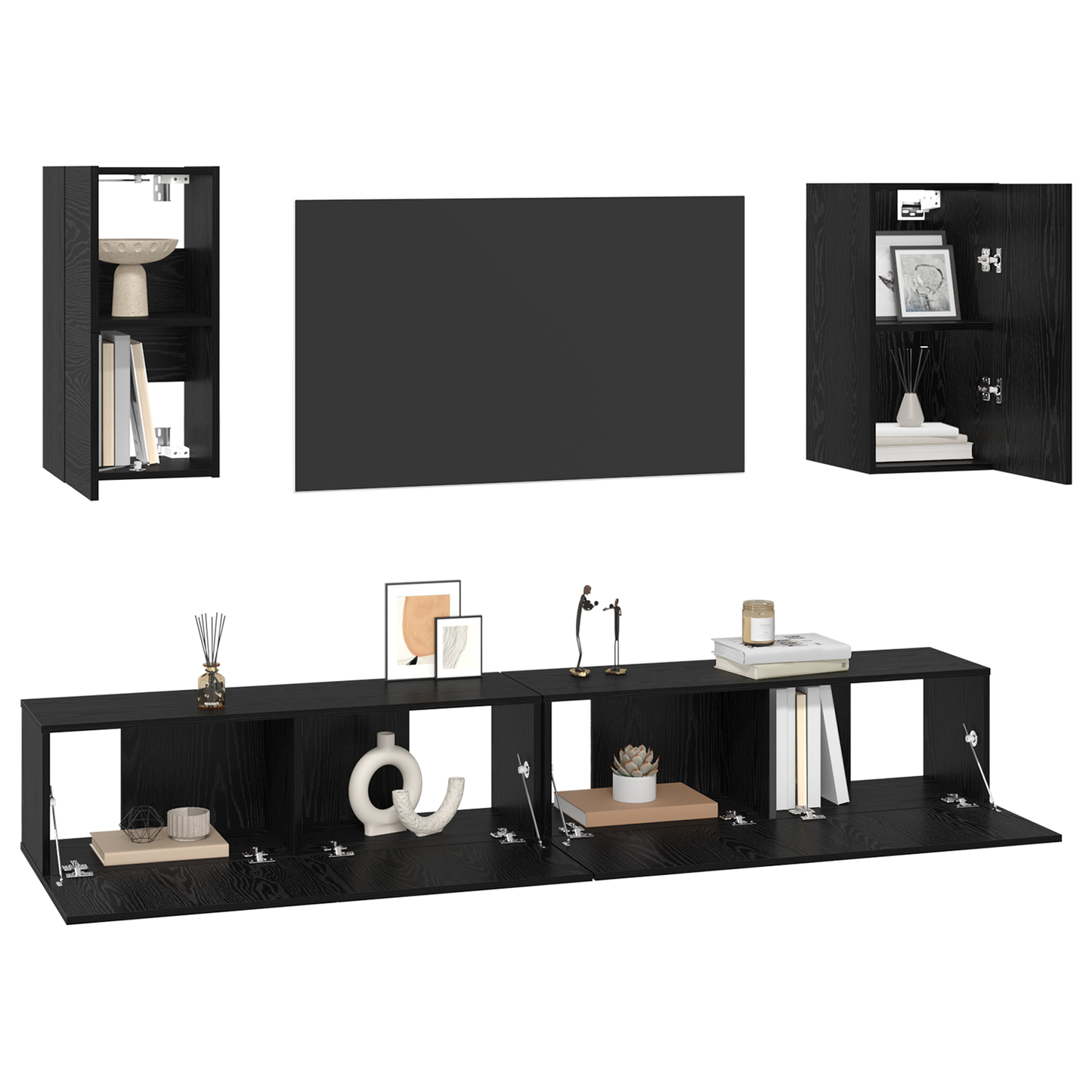 Wand TV Kast met plank met opslag met de deur 6 pcs Zwart eiken Bewerkt hout