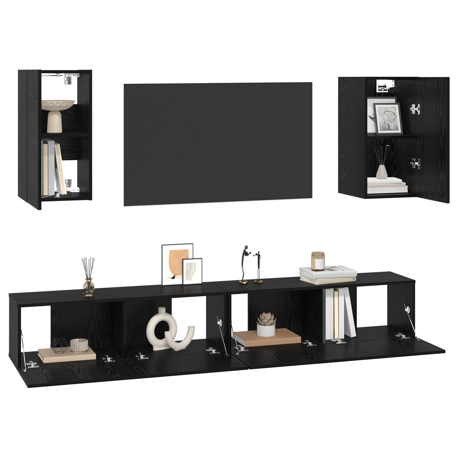 Wand TV Kast met plank met opslag met de deur 6 pcs Zwart eiken Bewerkt hout