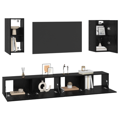 Wand TV Kast met plank met opslag met de deur 6 pcs Zwart eiken Bewerkt hout