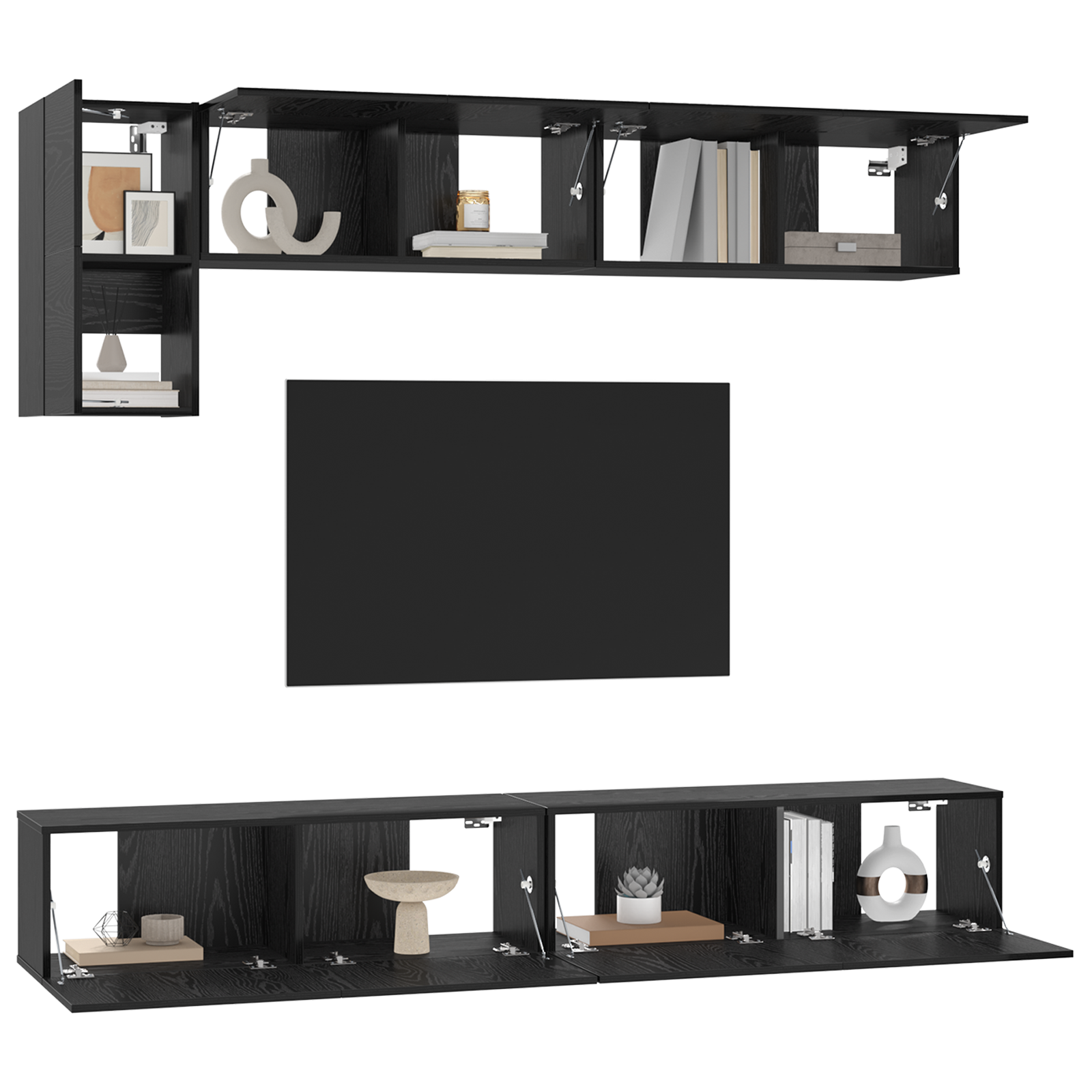 Tv-meubelset met plank met opslag met de deur 5 pcs Zwart Eiken