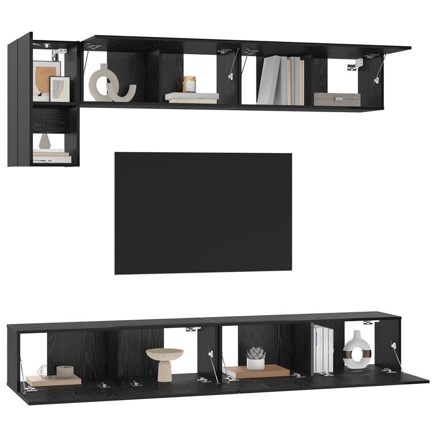 Tv-meubelset met plank met opslag met de deur 5 pcs Zwart Eiken