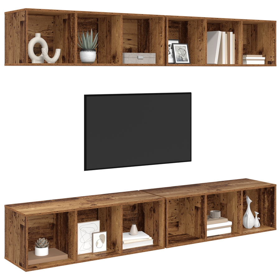 Wand TV Kast met plank met opslag 4 pcs Oud hout 37 x 37 x 107.5 cm