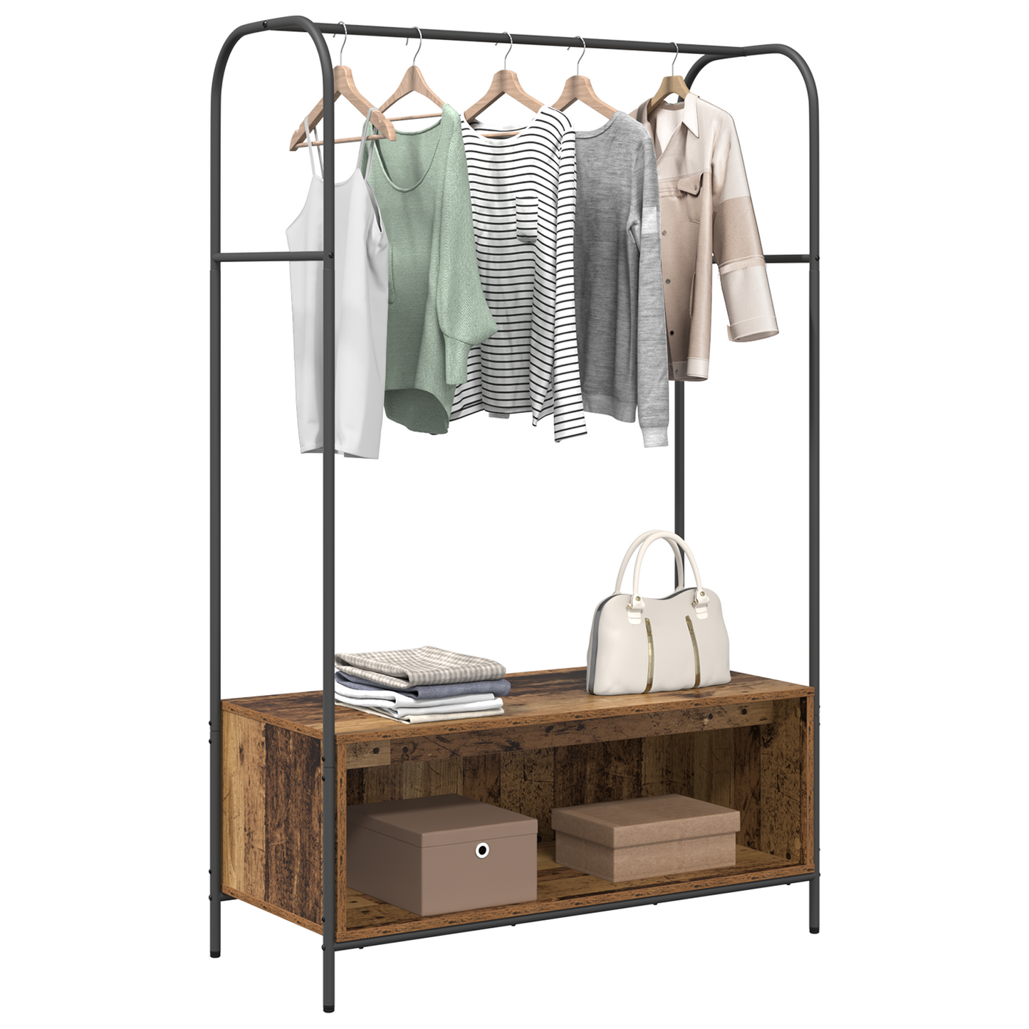 kledingrek met planken van oud hout 100x44x160 cm