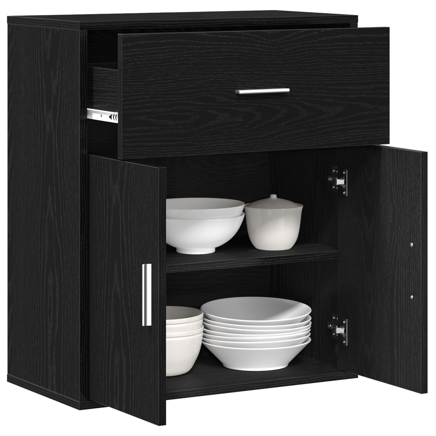 Dressoir met lade met plank met opslag met de deur Zwart eiken 60 x 31 x 70 cm Bewerkt hout