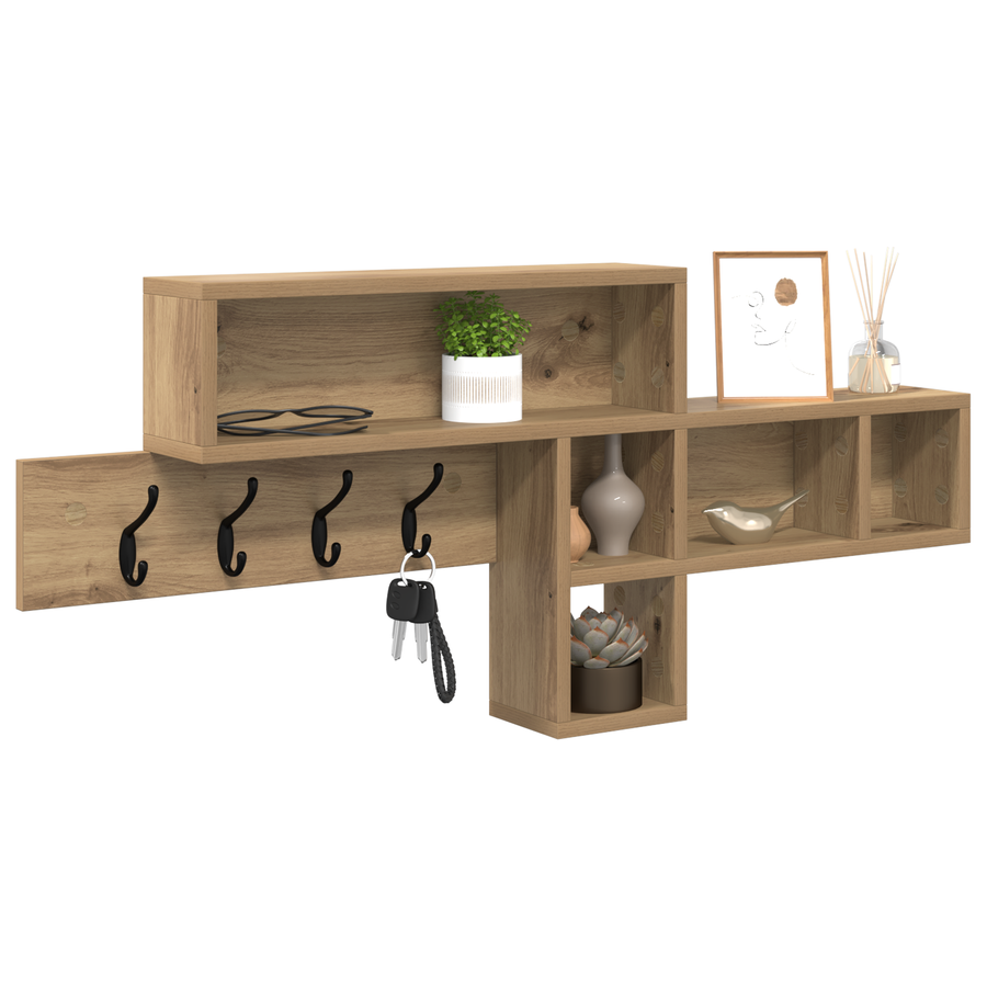 Wandgemonteerde kapstok met plank Wandgemonteerd met opslag artisanaal eikenkleurig