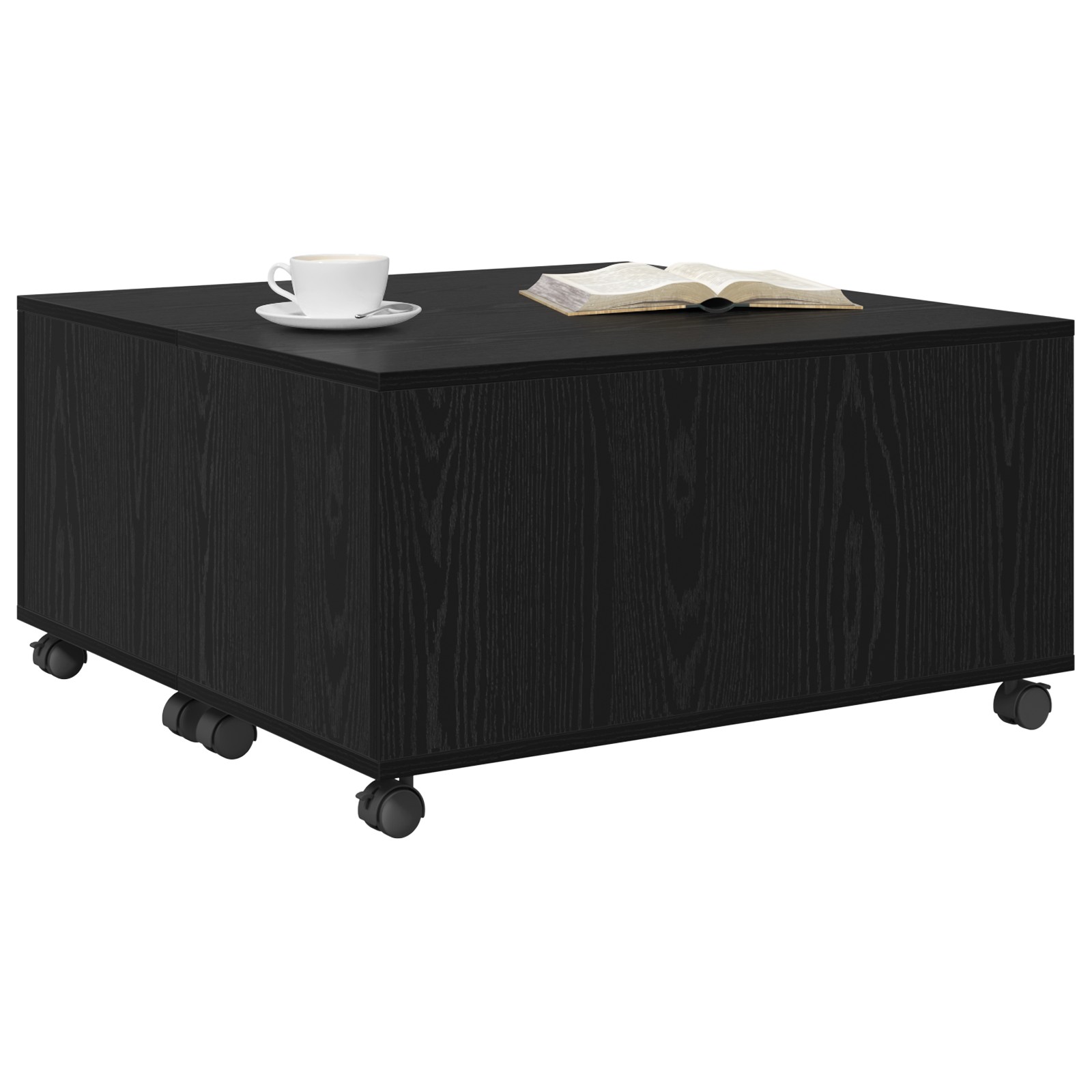 Salontafel met wiel met opslag Zwart eiken 75 x 75 x 38 cm Bewerkt hout