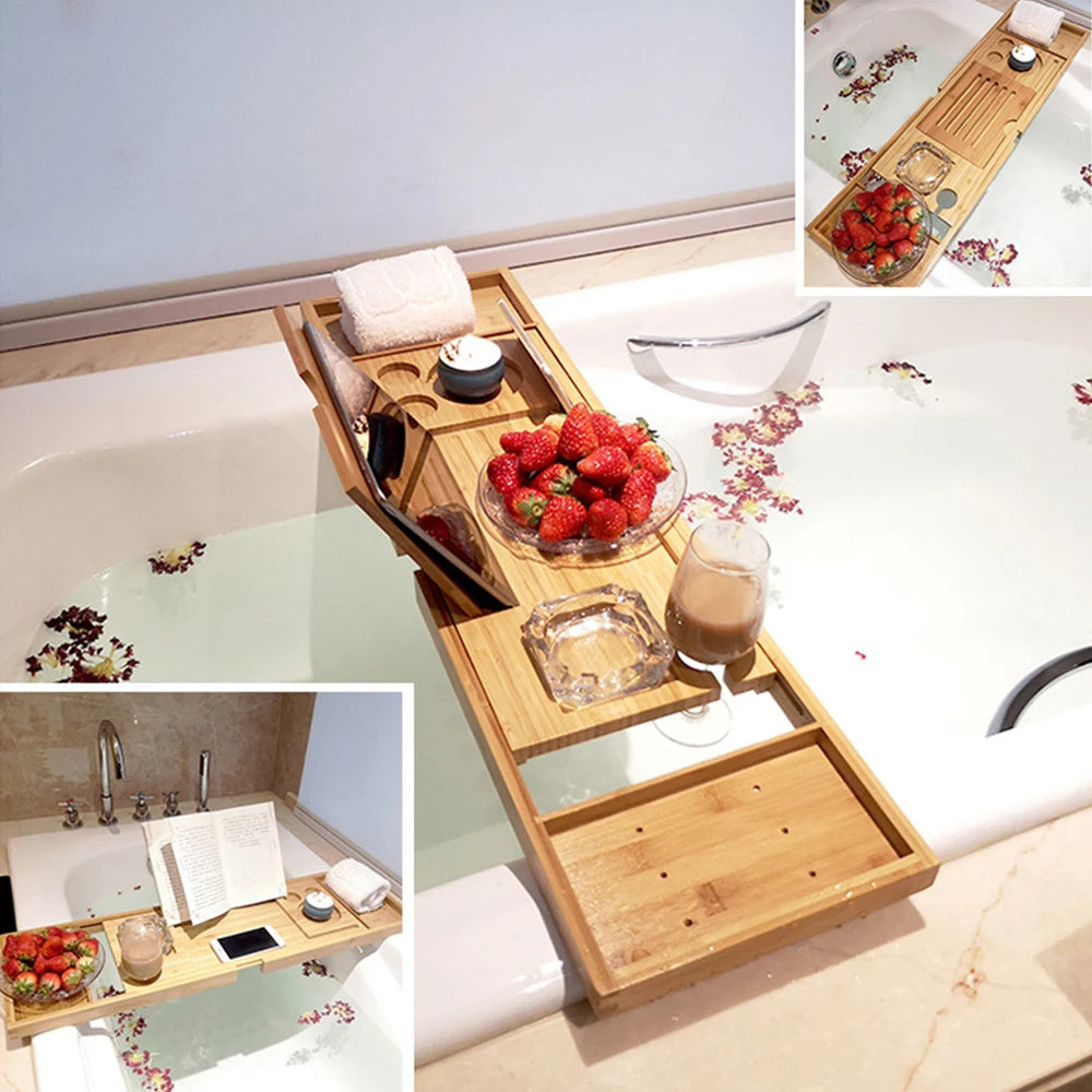 Uitschuifbare Badplank van Bamboe met Leesrek en Wijnhouder