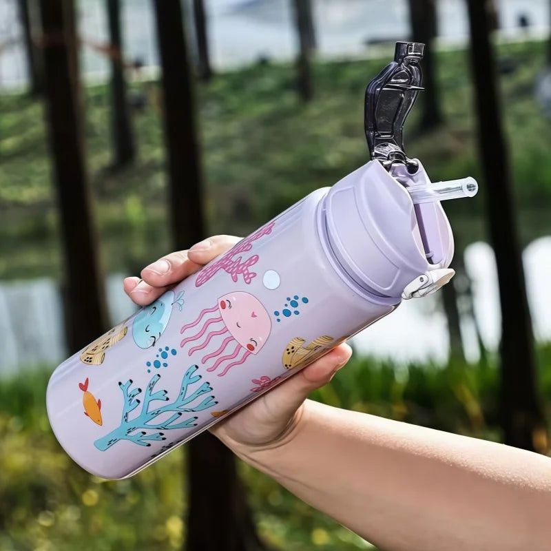 Waterfles 750 ml dinosaurus met rietje