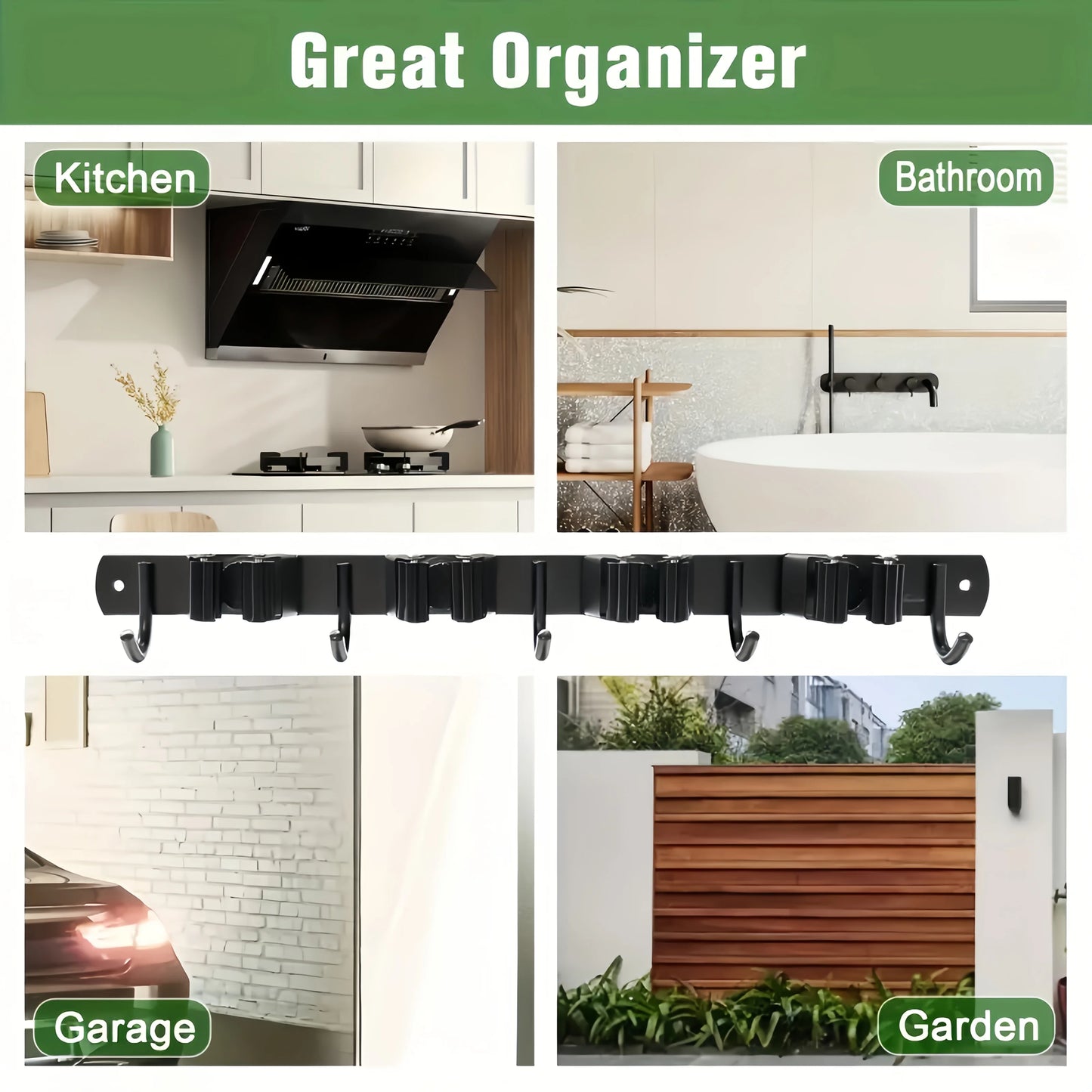 Metalen wandrek met 4 vakken en 5 haken