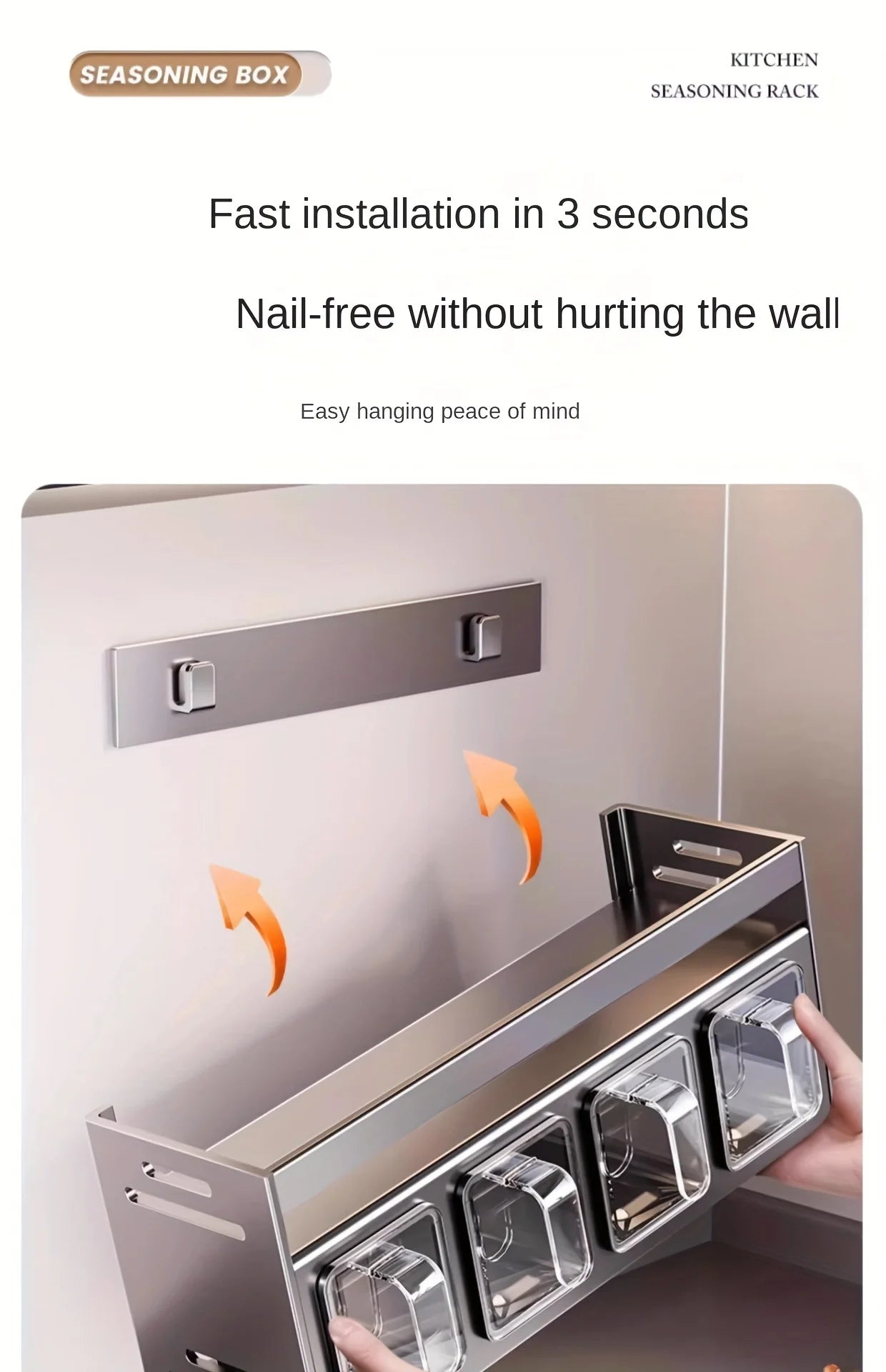 Kruidenrek met afsluitbare containers en distributeurs voor wandmontage zonder boren