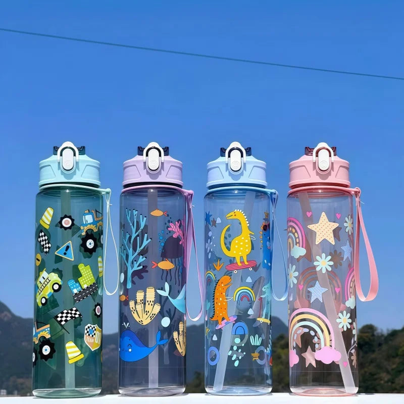 Waterfles 750 ml dinosaurus met rietje