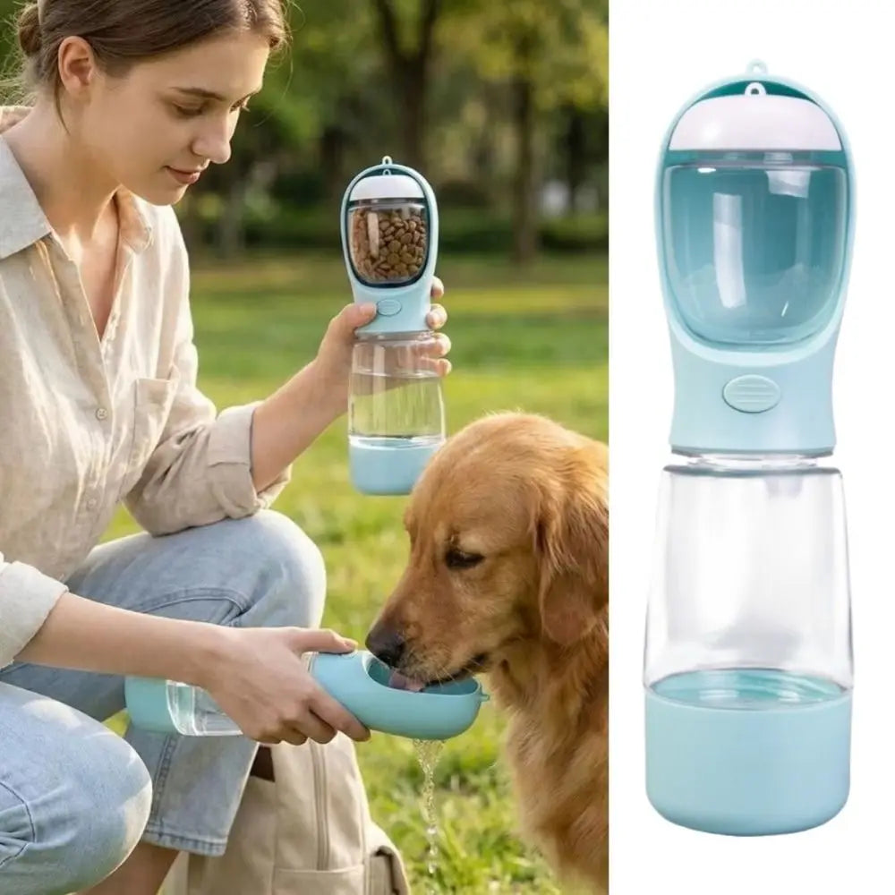 Hondenwaterfles 400ml met voerbakje en poepzakjeshouder