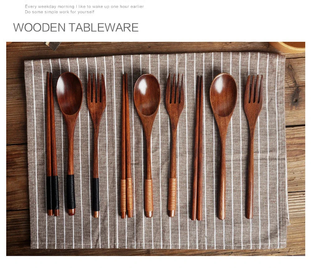 Houten Bestekset 3-delig: Lepel, Vork, Eetstokjes