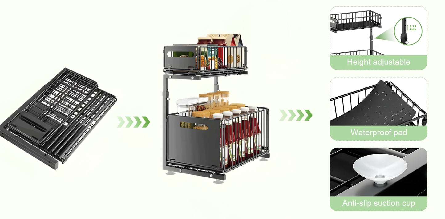 Uitschuifbare kastorganizer met dubbele laag voor potjes en flessen