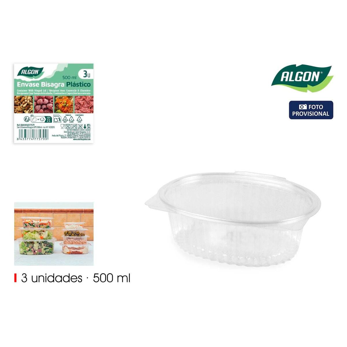 Algon Herbruikbare Voedselbakjes Algon Ops 500 Ml 6,5 X 13,3 X 5 Cm (3 Onderdelen) (24 Stuks)