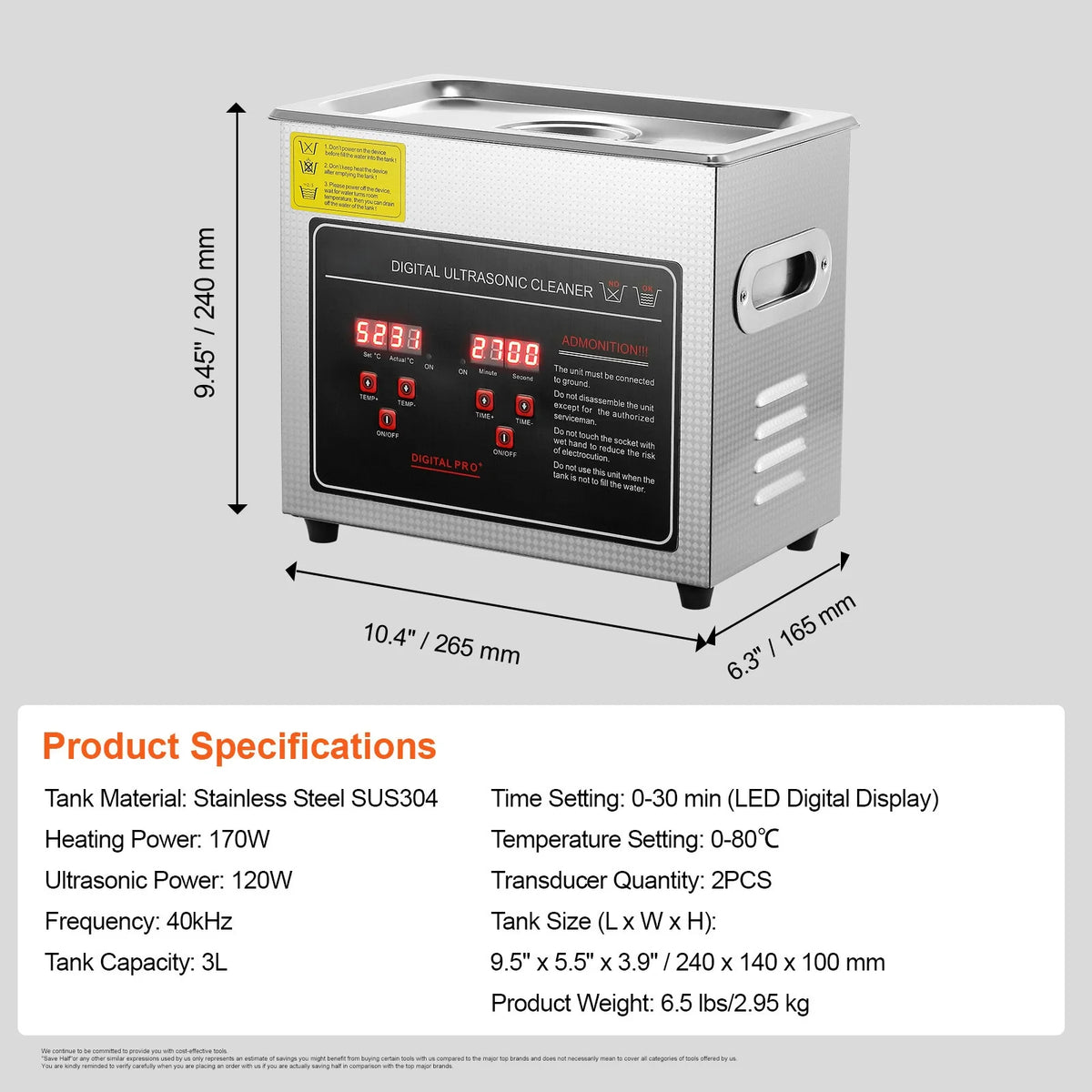 Ultrasone reiniger 1.3L RVS met verwarming