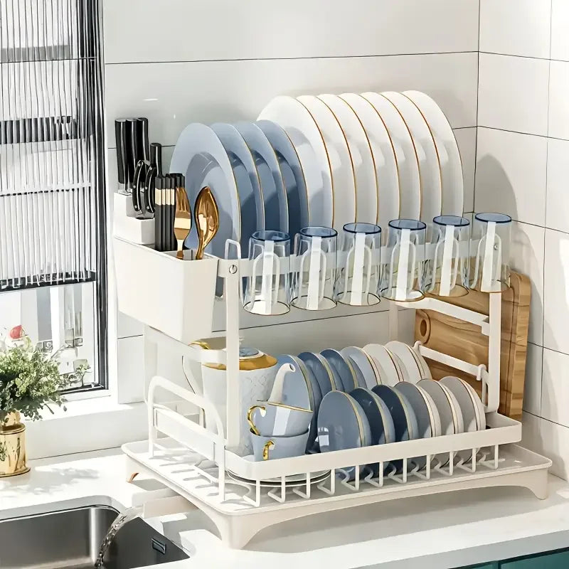 2-Tier Dish Rack with Drainboard, Cutlery and Cup Holder, Swivel Spout