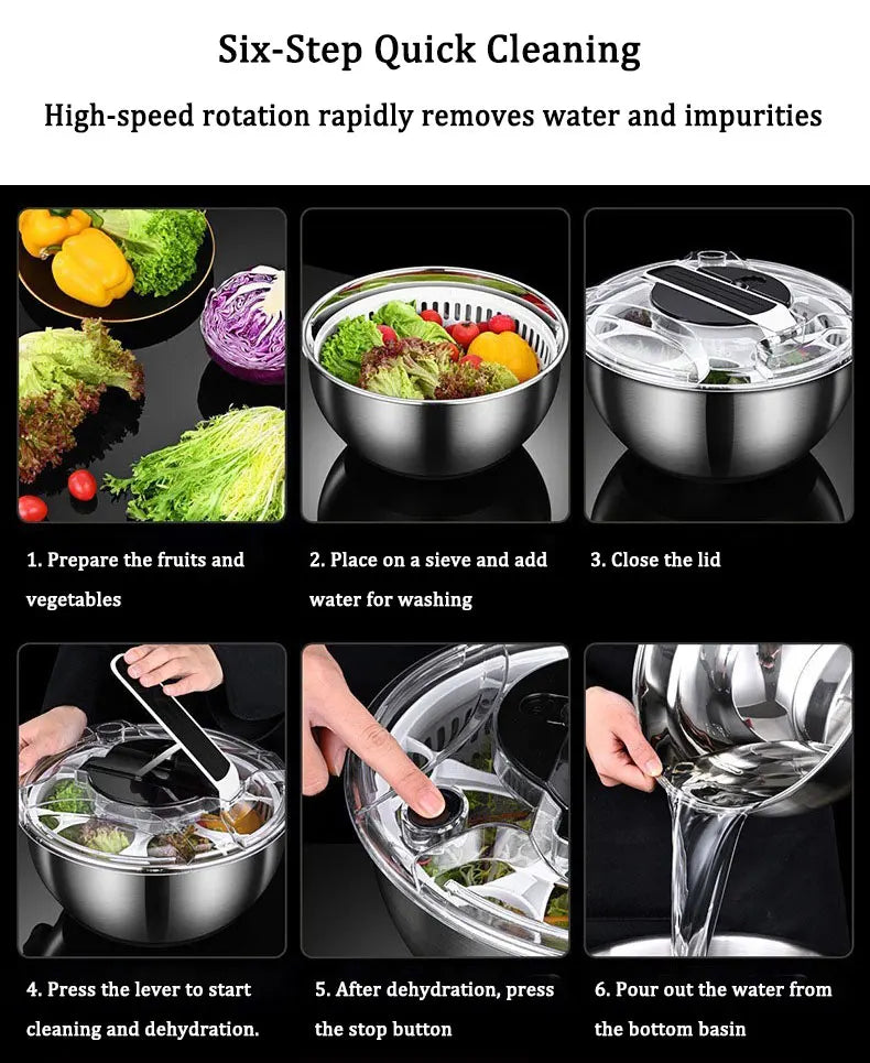 Saladespinner van roestvrij staal met pers en afwatering