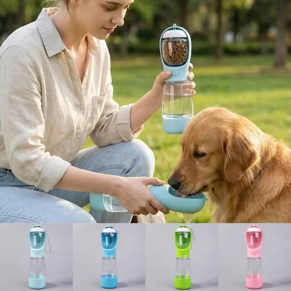 Hondenwaterfles 400ml met voerbakje en poepzakjeshouder