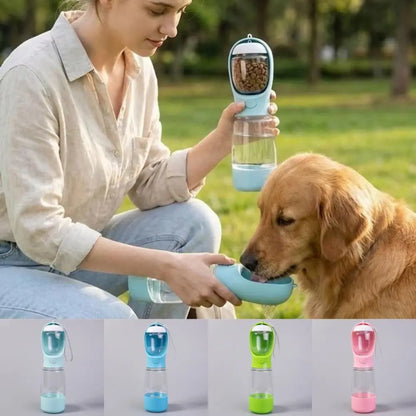 Hondenwaterfles 400ml met voerbakje en poepzakjeshouder