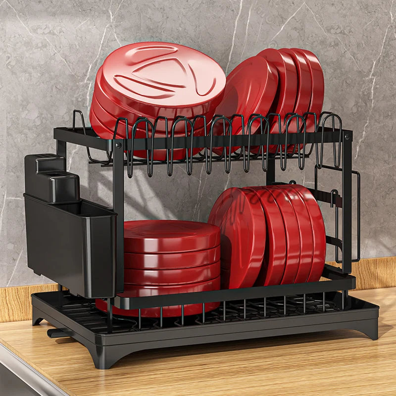 2-Tier Dish Rack with Drainboard, Cutlery and Cup Holder, Swivel Spout