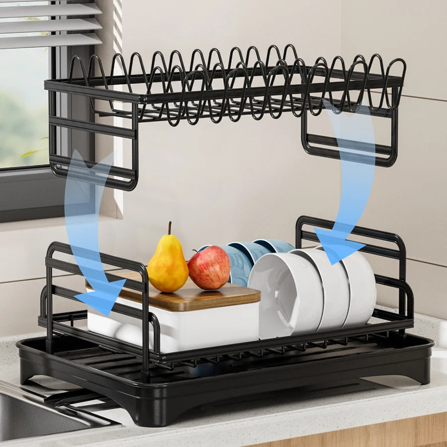 2-Tier Dish Rack with Drainboard, Cutlery and Cup Holder, Swivel Spout