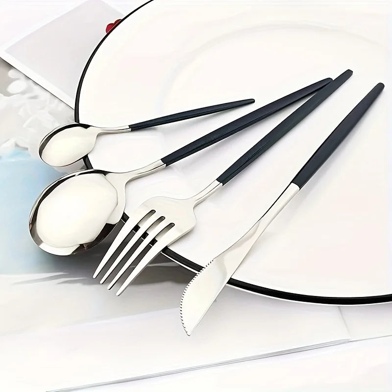 24-delige Roestvrijstalen Bestekset Zilver Zwart met Spiegelglans