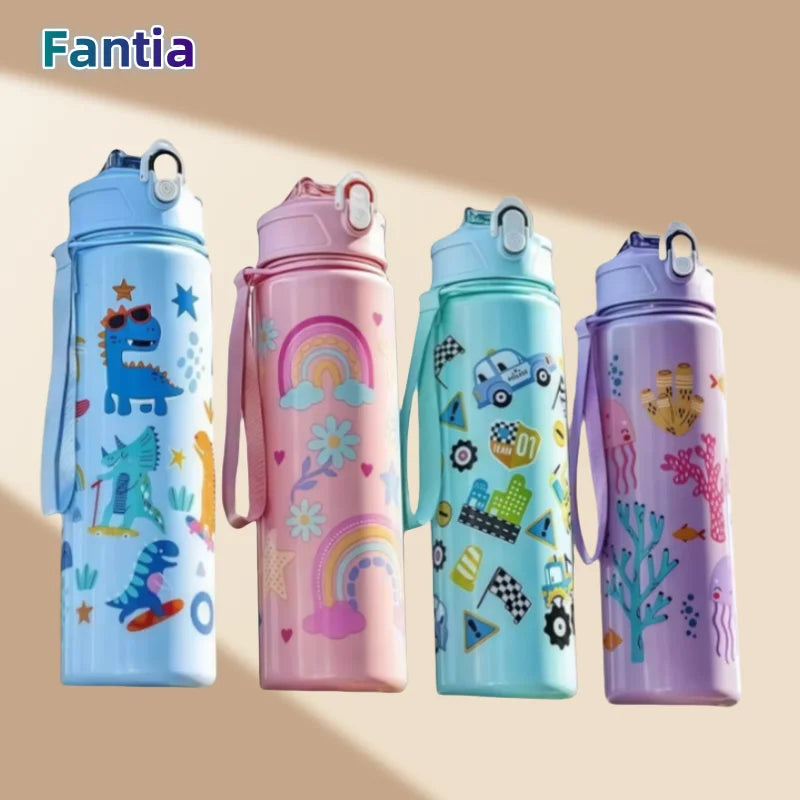 Waterfles 750 ml dinosaurus met rietje