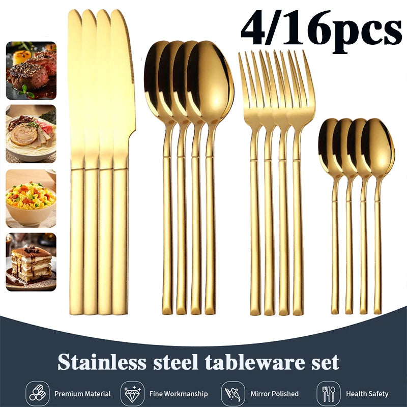 16-delige Gouden Bestekset Roestvrij Staal voor 4 Personen