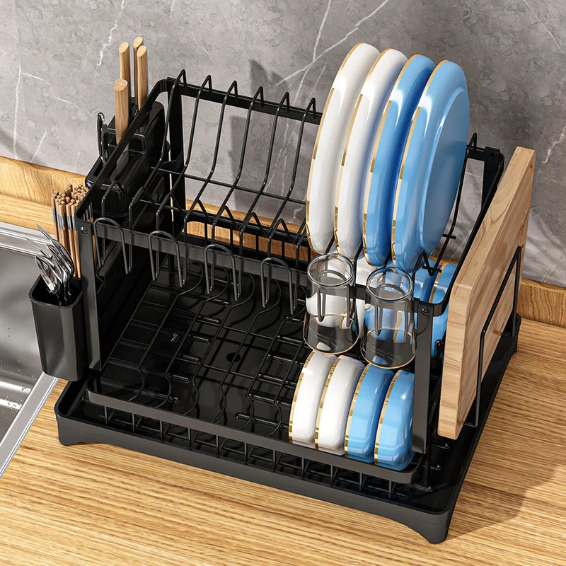 2-Tier Dish Rack with Drainboard, Cutlery and Cup Holder, Swivel Spout