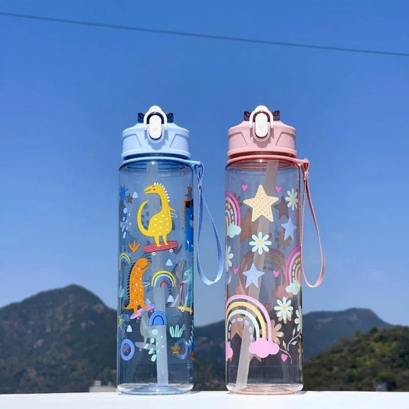 Waterfles 750 ml dinosaurus met rietje