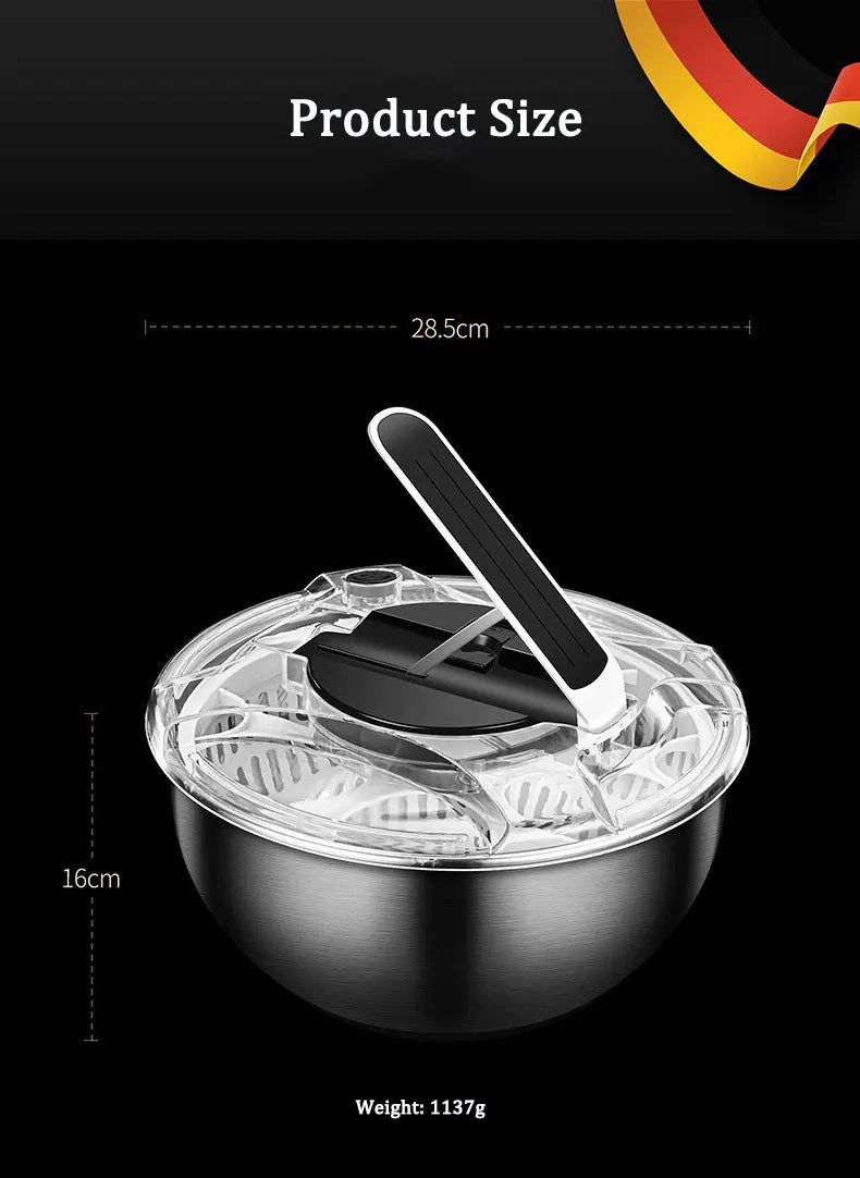 Saladespinner van roestvrij staal met pers en afwatering