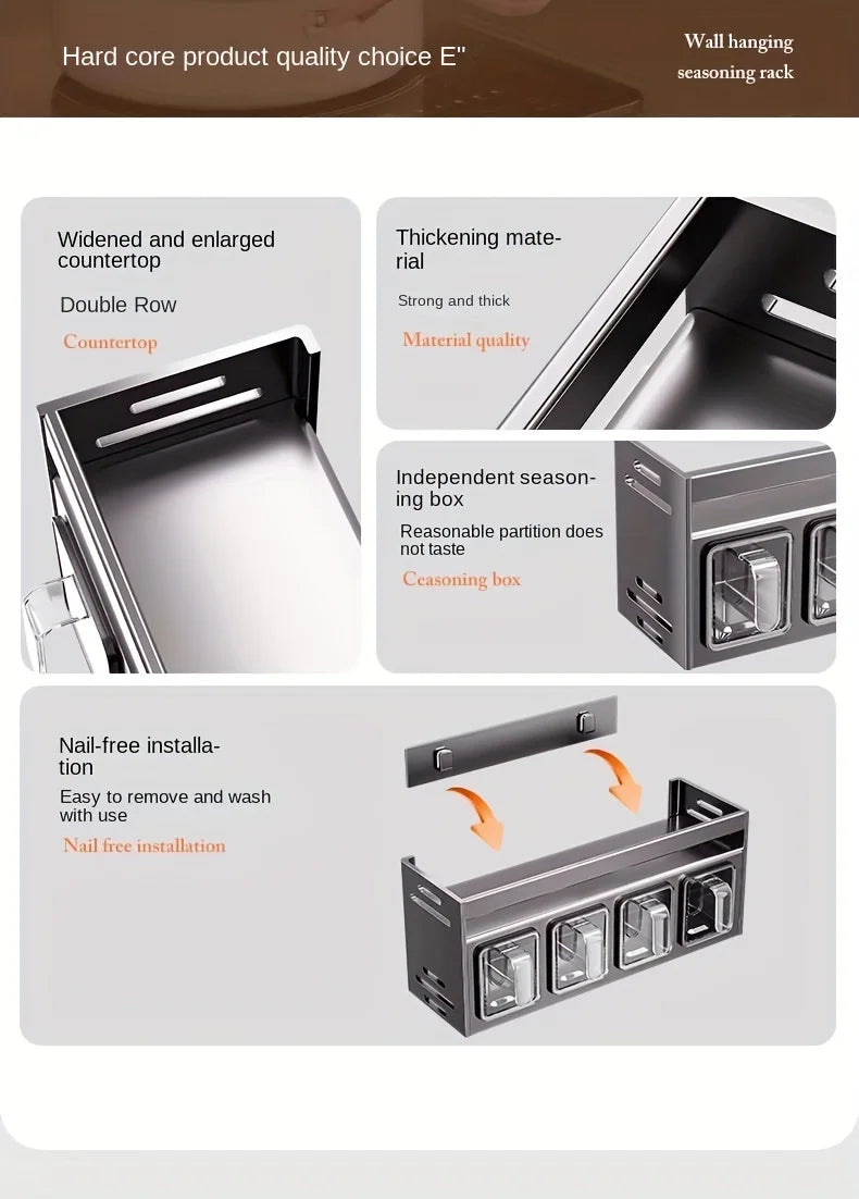 Kruidenrek met afsluitbare containers en distributeurs voor wandmontage zonder boren