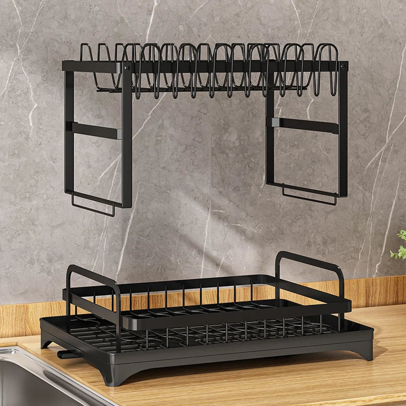 2-Tier Dish Rack with Drainboard, Cutlery and Cup Holder, Swivel Spout