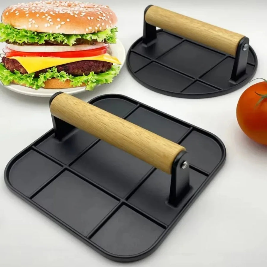 Aluminum Burger Press with Wooden Handle - Round and Non-stick