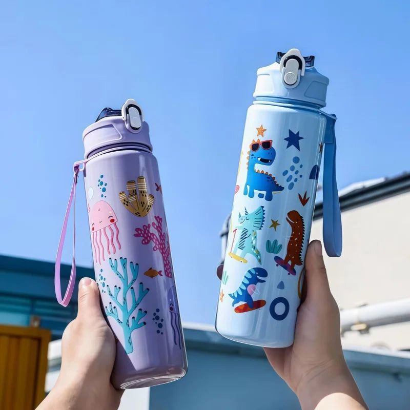 Waterfles 750 ml dinosaurus met rietje
