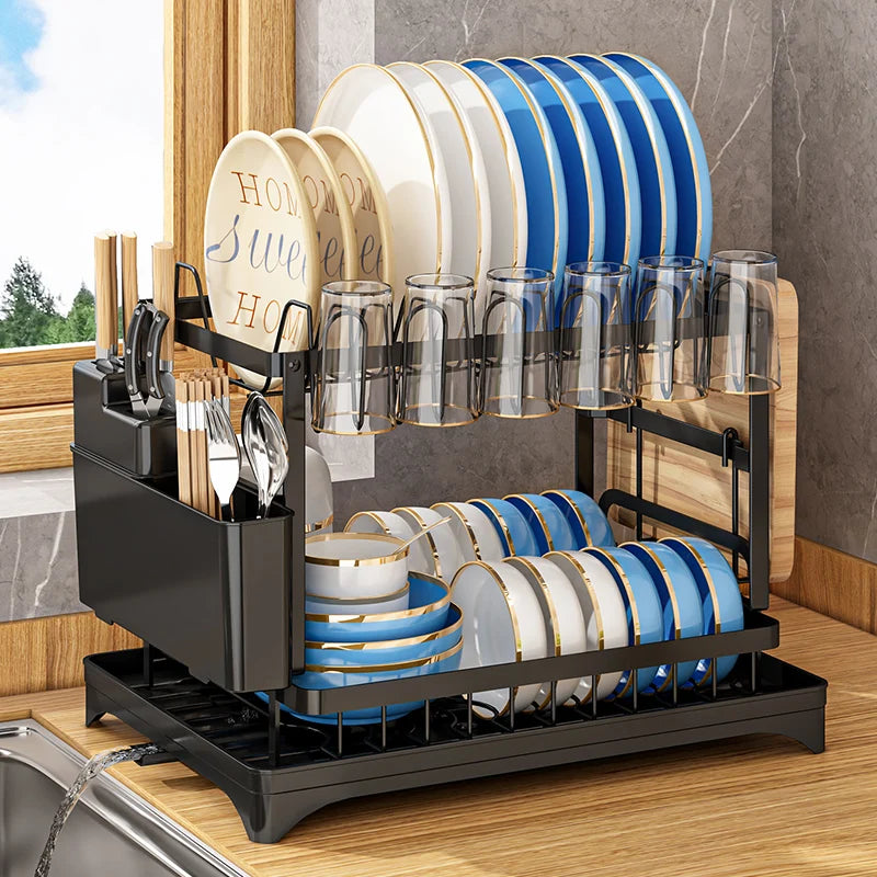 2-Tier Dish Rack with Drainboard, Cutlery and Cup Holder, Swivel Spout