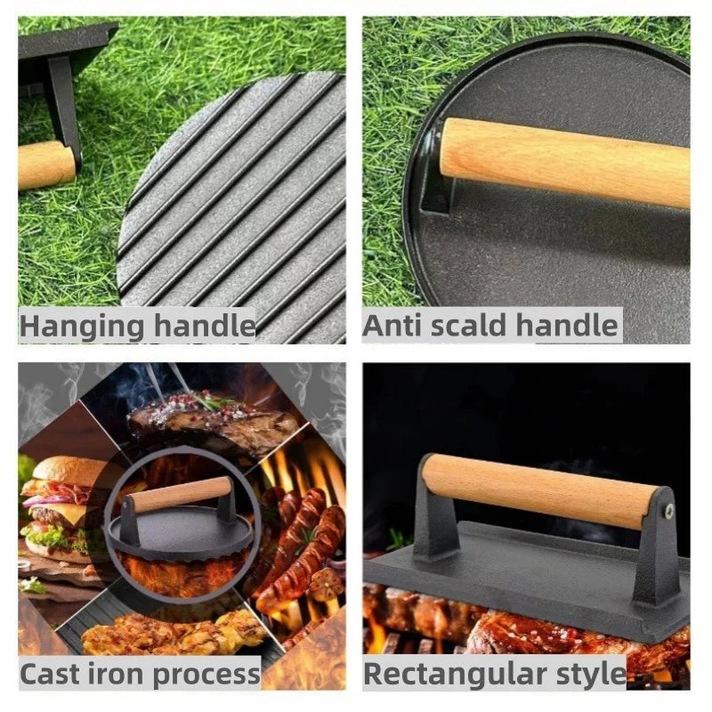Rectangular Cast Iron Meat Press for Burgers and Steaks