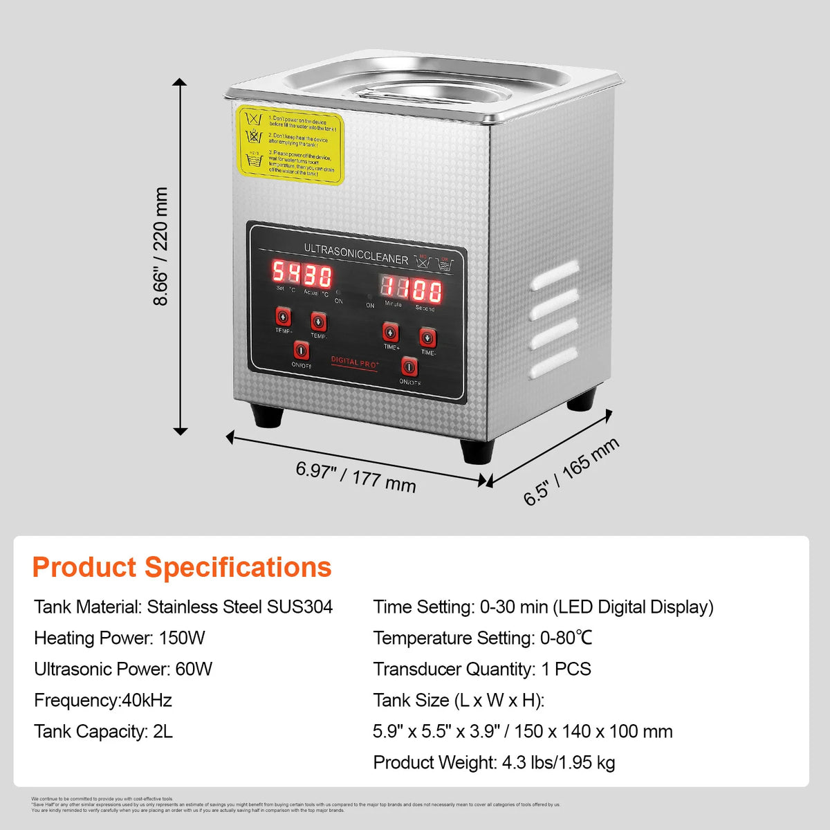 Ultrasone reiniger 1.3L RVS met verwarming
